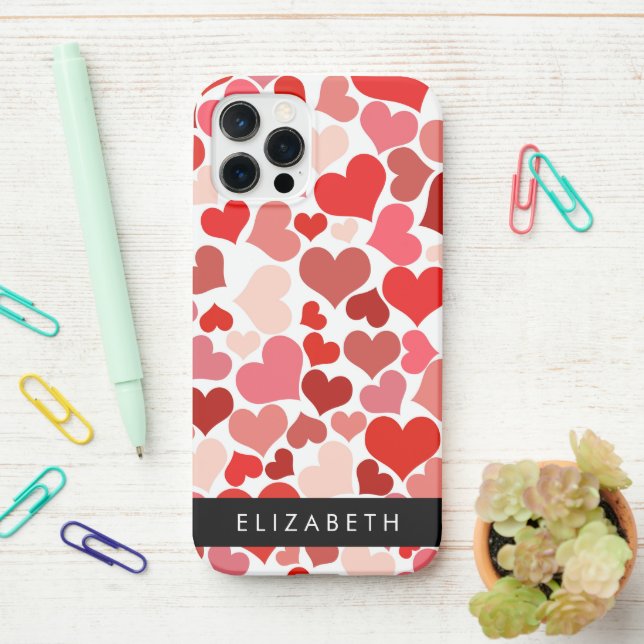 Coque iPhone Motif Des Coeurs, Coeurs Rouges, Amour, Votre Nom (Sur le bureau)