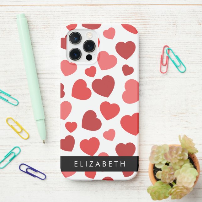 Coque iPhone Motif Des Coeurs, Coeurs Rouges, Votre Nom (Sur le bureau)