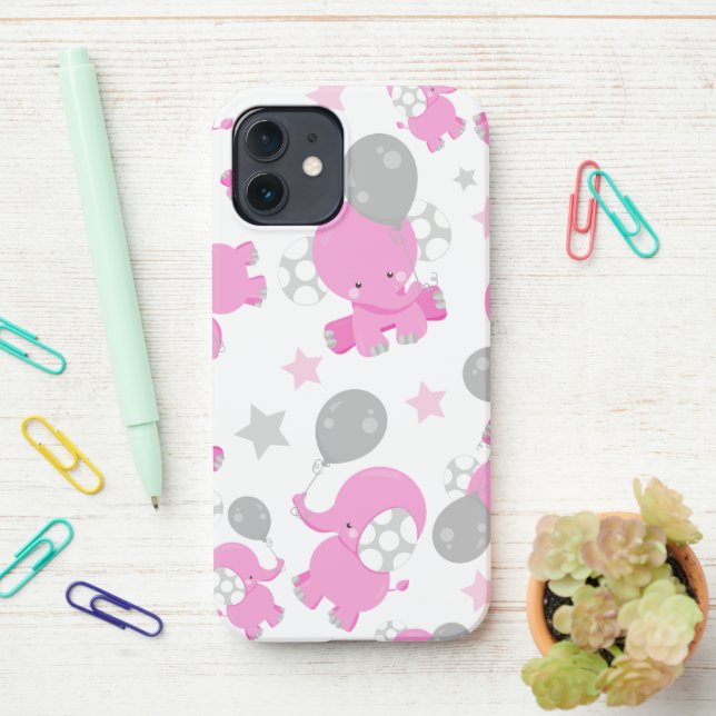 Coque iPhone Motif Des Eléphants Roses, Eléphants Mignons, Étoi (Sur le bureau)