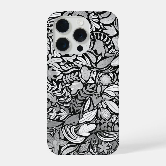 Coque iPhone Motif d'illustration Feuilles floraux noirs argent (Verso)