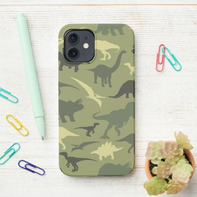 Coque iPhone Motif Dinosaure, Silhouette Dinosaure, Dino Vert (Sur le bureau)