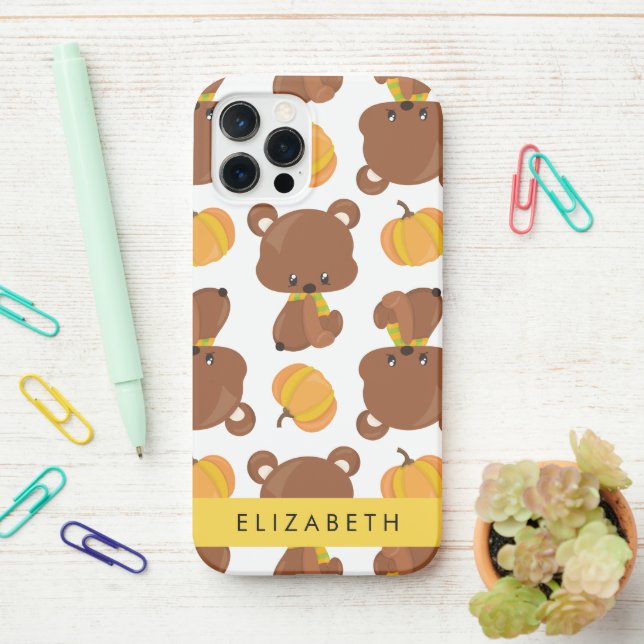 Coque iPhone Motif D'Ours, Mignons Ours, Citrouille, Votre Nom (Sur le bureau)