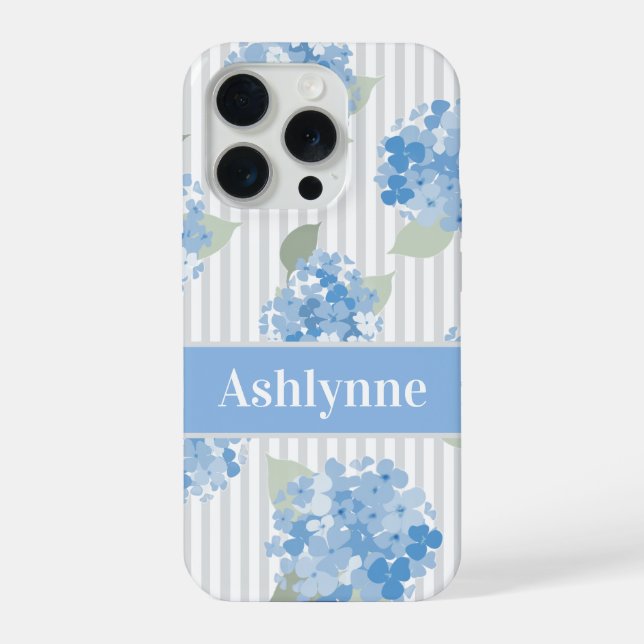 Coque iPhone Motif Élégant d'Hydrangea Bleue Rayure Grise Nom (Verso)