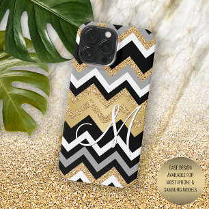 Coque iPhone 16 Pro Max Motif élégant personnalisé noir or argenté en zigz