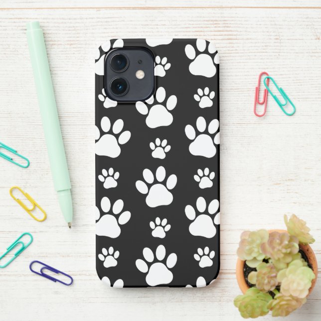 Coque iPhone Motif, Empreintes de pattes, pattes de chien, noir (Sur le bureau)