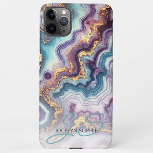 Coque iPhone 11Pro Max Motif en marbre bleu foncé violet Turquoise or
