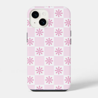 Coque Pour iPhone 14 Motif Floral à Carreaux Rose Rétro