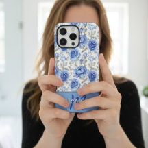 Motif floral à l'aquarelle bleue élégant avec nom