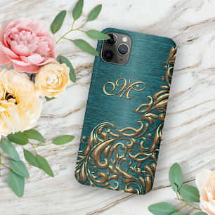 Coque iPhone 11Pro Max Motif Floral damassé or personnalisé Vert bleu Tur