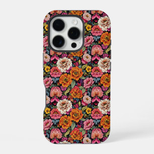 Coque iPhone 16 Pro Motif floral vintage avec des couleurs vives sur f