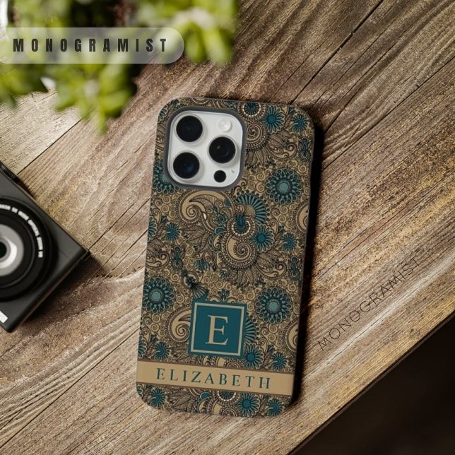 Coque iPhone Motif Gold Turquoise Blue Paisley (Customizable Gold Black Teal Blue Paisley Pattern iPhone Case)