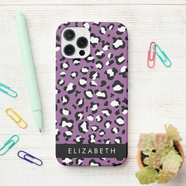 Coque iPhone Motif léopard, Spots, Leopard pourpre, Votre Nom (Sur le bureau)