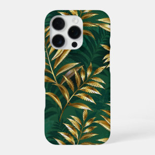 Coque iPhone 16 Pro Motif sans couture avec des fougères dorées