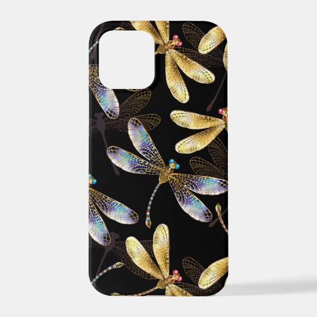 Coque iPhone Motif sans couture avec libellules d'or (Verso)