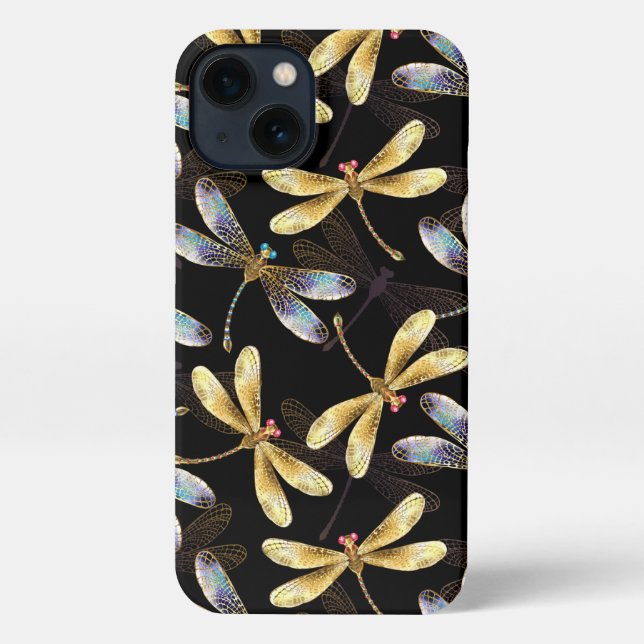 Coque iPhone Motif sans couture avec libellules d'or (Verso)