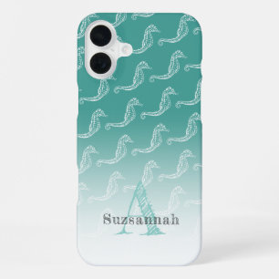Coque iPhone 16 Plus Motif squelette d'Hippocampe Vert de mer Monogramm