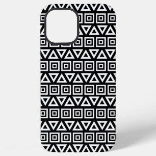Coque iPhone 12 Pro Max Motif Triangles+Carrés Aztèques Blanc sur Noir