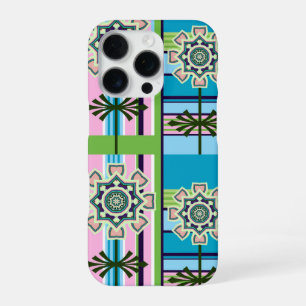 Coque iPhone 16 Pro Motifs géométriques rétro et fleurs imaginaires