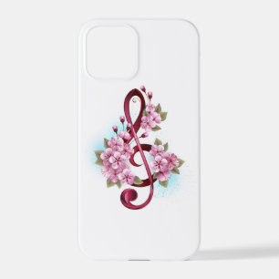 Coque iPhone 12 Pro Musical treble clef notes with sakura flowers