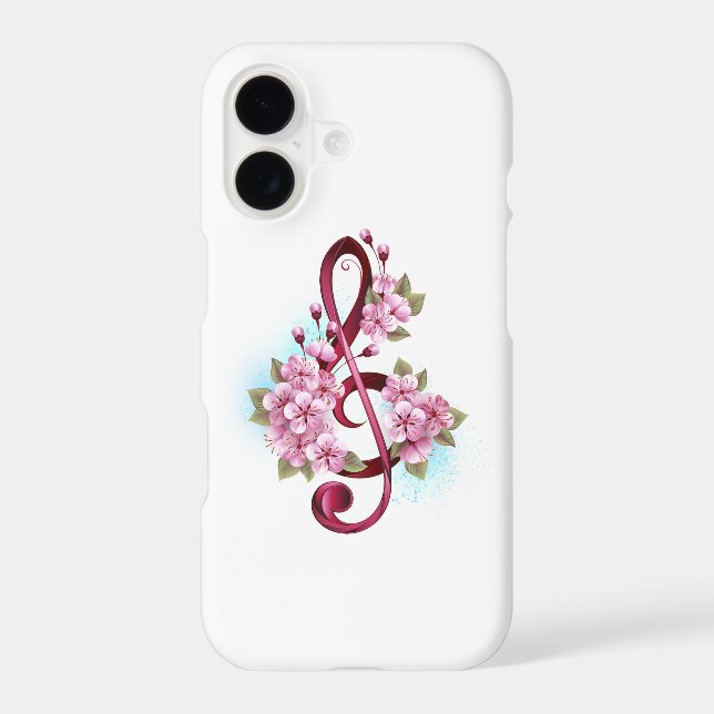 Coque iPhone Musical treble clef notes with sakura flowers (Verso)