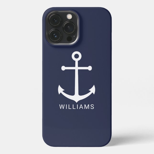Coque iPhone Nautical White Anchor and Custom Nom on Navy Blue (Verso)