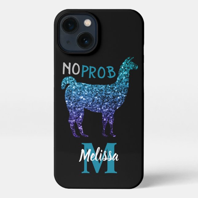 Coque iPhone No Prob Llama Aqua blue ombre Sparkings Monogram (Verso)