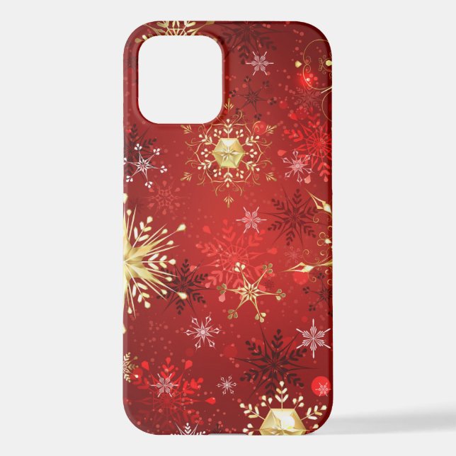 Coque iPhone Noël Golden Snowflakes sur Arrière - plan rouge (Verso)