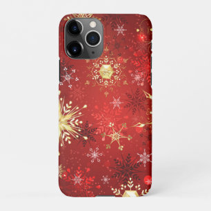 Coque iPhone 11Pro Noël Golden Snowflakes sur Arrière - plan rouge