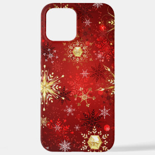 Coque iPhone 12 Pro Max Noël Golden Snowflakes sur Arrière - plan rouge
