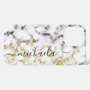 Etui iPhone 13 Pro Max Noir et blanc marbre or brillant Nom personnalisé