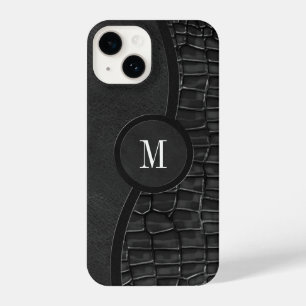 Coque Pour iPhone 14 Noir Faux Alligator Cuir Peau Luxe Monogramme