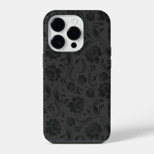 Coque Pour iPhone 14 Pro Noir sur gris foncé Vintage Damas florales 2
