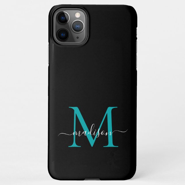 Coque iPhone Noir Turquoise Monogramme vert Nom du script fémin (Dos)