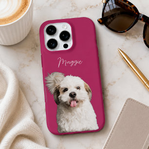 Coque iPhone 16 Pro Nom de chien moderne rose magenta Photo et écritur