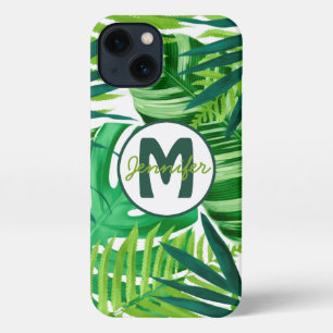 Etui iPhone 13 Nom du monogramme des Feuilles tropicaux verts