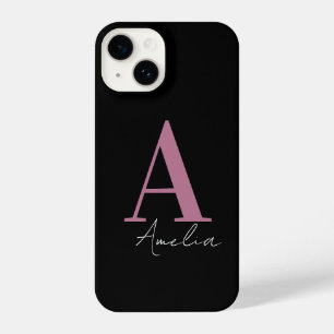 Coque Pour iPhone 14 Nom du monogramme rose noire