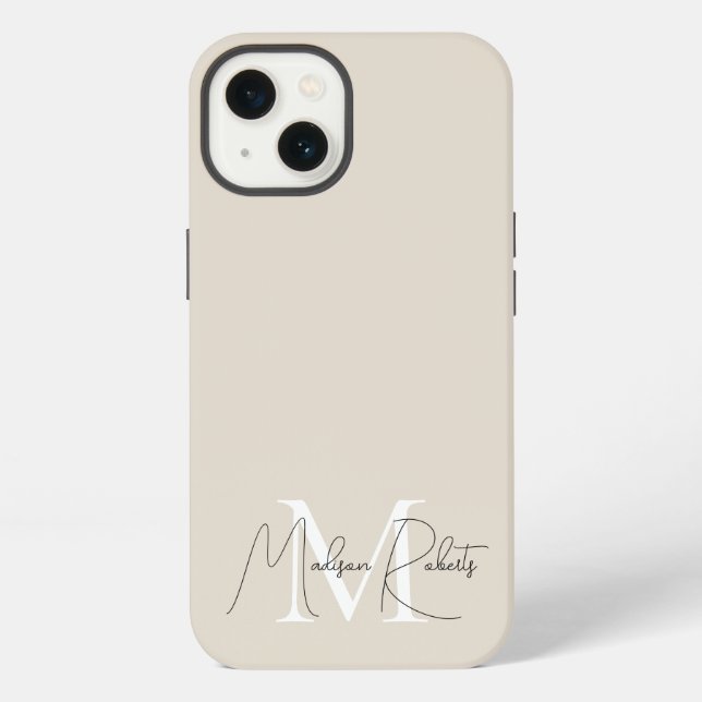Coque iPhone Nom du script monogramme moderne logo beige (Verso)