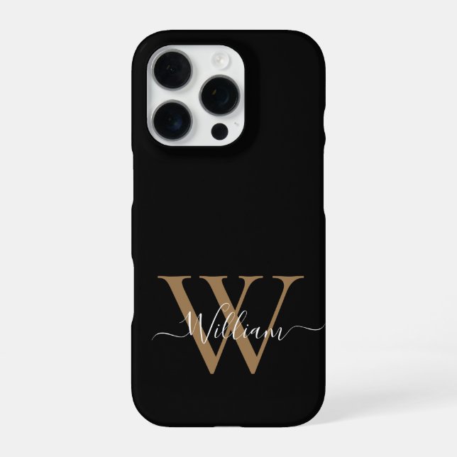 Coque iPhone Nom en écriture monogramme moderne or noir (Verso)