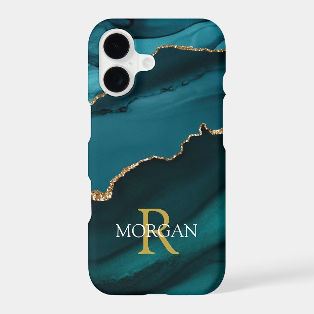 Coque iPhone Nom & Monogramme, Agate noir Turquoise, Texte blan (Verso)