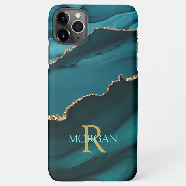 Coque iPhone Nom & Monogramme, Agate noir Turquoise, Texte Turq (Dos)