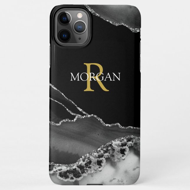 Coque iPhone Nom & Monogramme, Gris noir, Or blanc Texte (Dos)