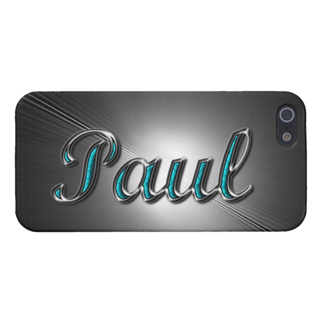 Coque iPhone Nom "Paul" Imprimé en argent & turquoise. (Dos Horizontal)