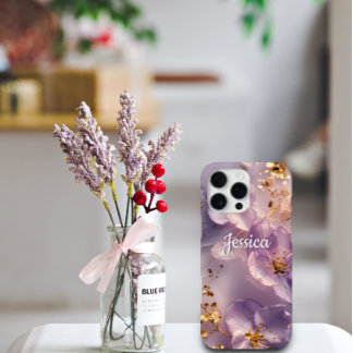 Coque iPhone 16 Pro Max Nom personnalisé Lavande Floral Or Personnalisé