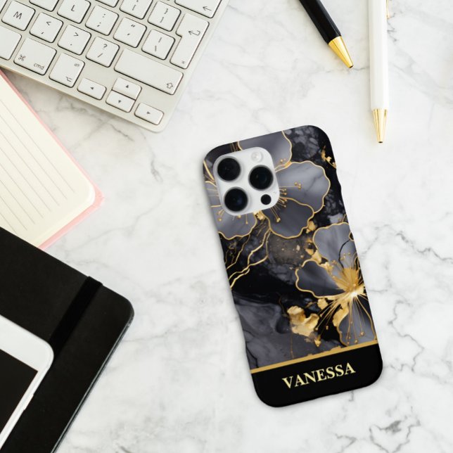Coque iPhone Nom personnalisé Marbre Noir Fleur Or Personnalisé (Créateur téléchargé)