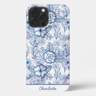 Etui iPhone 13 Pro Max Nom personnalisé motif floral bleu transparent