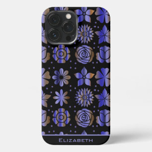 Etui iPhone 13 Pro Max Nom personnalisé motif floral bleu transparent