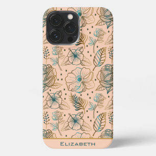 Etui iPhone 13 Pro Max Nom personnalisé motif floral doré