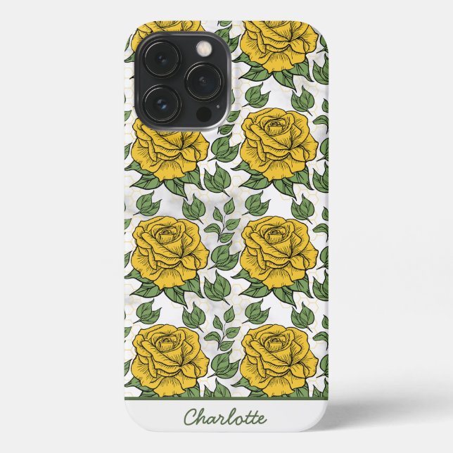 Coque iPhone Nom personnalisé motif floral jaune transparent (Verso)
