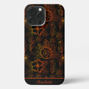 Etui iPhone 13 Pro Max Nom personnalisé motif floral orange