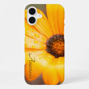 Coque iPhone 16 Plus Nom personnalisé Orange Daisy Gros plan Photo